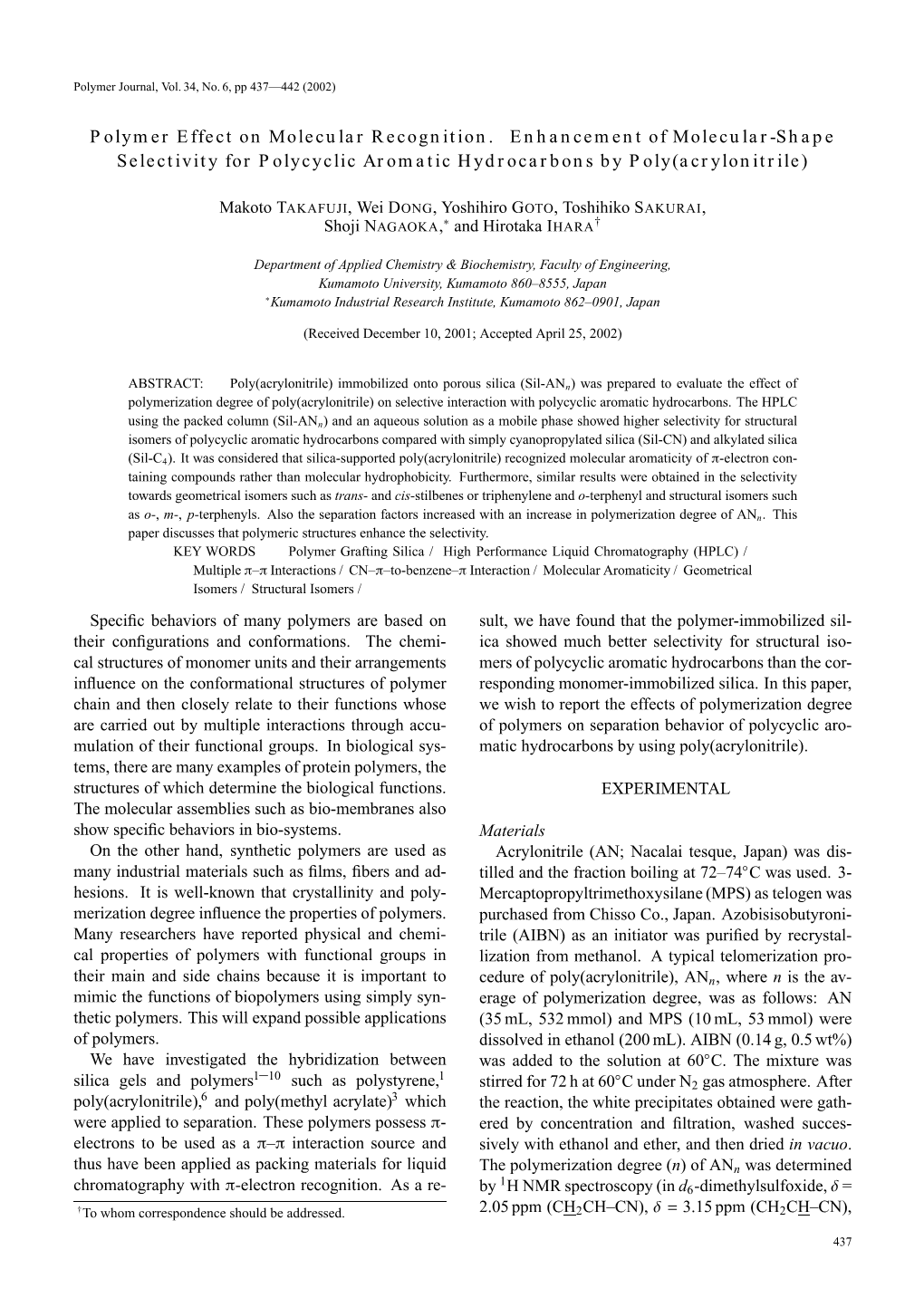 Polymer Effect on Molecular Recognition. Enhancement of Molecular-Shape Selectivity for Polycyclic Aromatic Hydrocarbons by Poly(Acrylonitrile)