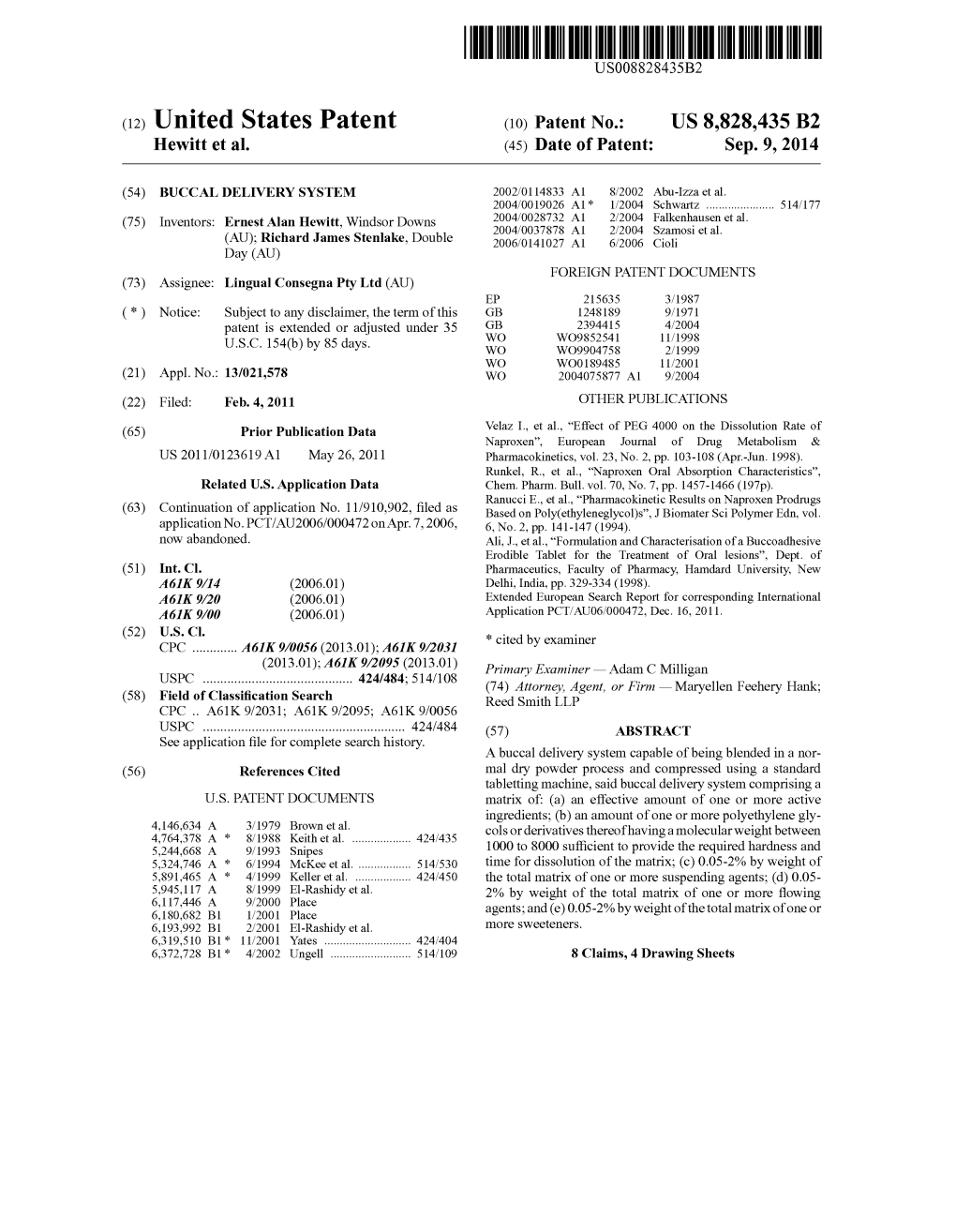 (12) United States Patent (10) Patent No.: US 8,828,435 B2 Hewitt Et Al