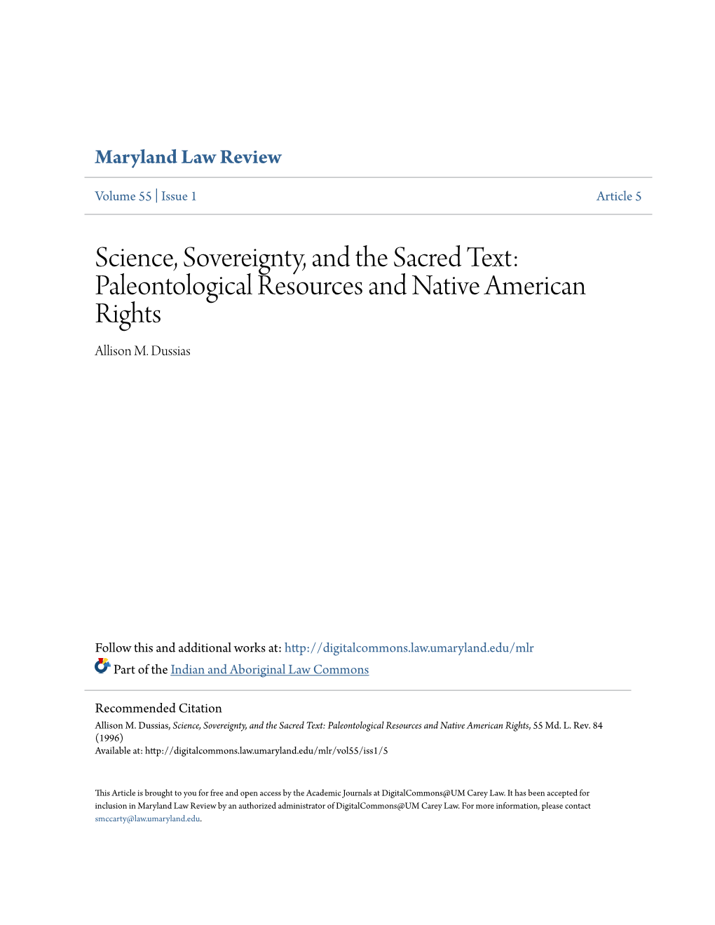 Science, Sovereignty, and the Sacred Text: Paleontological Resources and Native American Rights Allison M