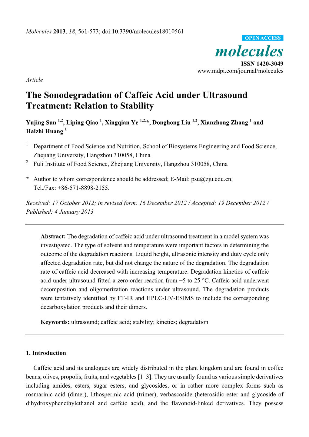 The Sonodegradation of Caffeic Acid Under Ultrasound Treatment: Relation to Stability
