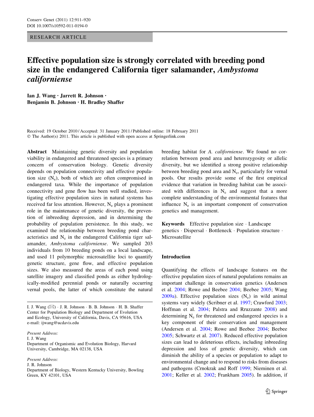 Effective Population Size Is Strongly Correlated with Breeding Pond Size in the Endangered California Tiger Salamander, Ambystoma Californiense