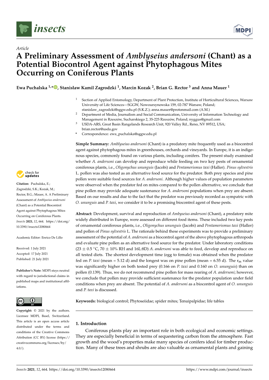 A Preliminary Assessment of Amblyseius Andersoni (Chant) As a Potential Biocontrol Agent Against Phytophagous Mites Occurring on Coniferous Plants