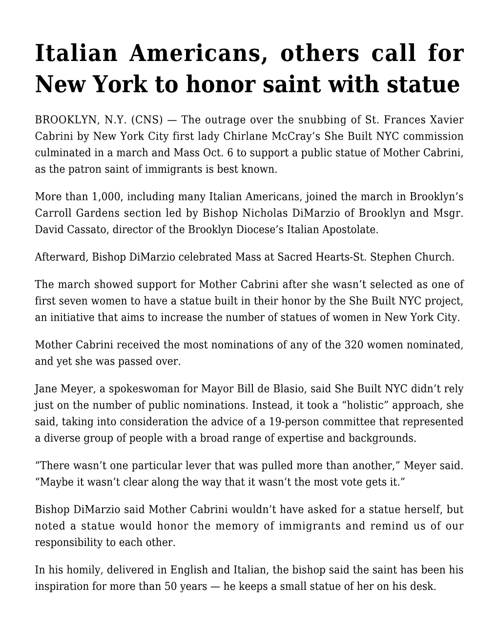 Italian Americans, Others Call for New York to Honor Saint with Statue