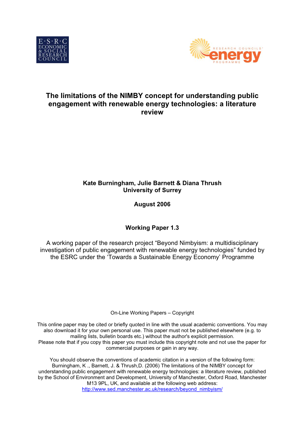 The Limitations of the NIMBY Concept for Understanding Public Engagement with Renewable Energy Technologies: a Literature Review