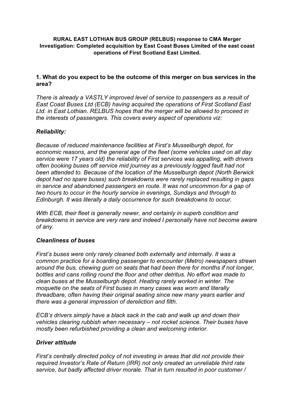 RURAL EAST LOTHIAN BUS GROUP (RELBUS) Response to CMA Merger