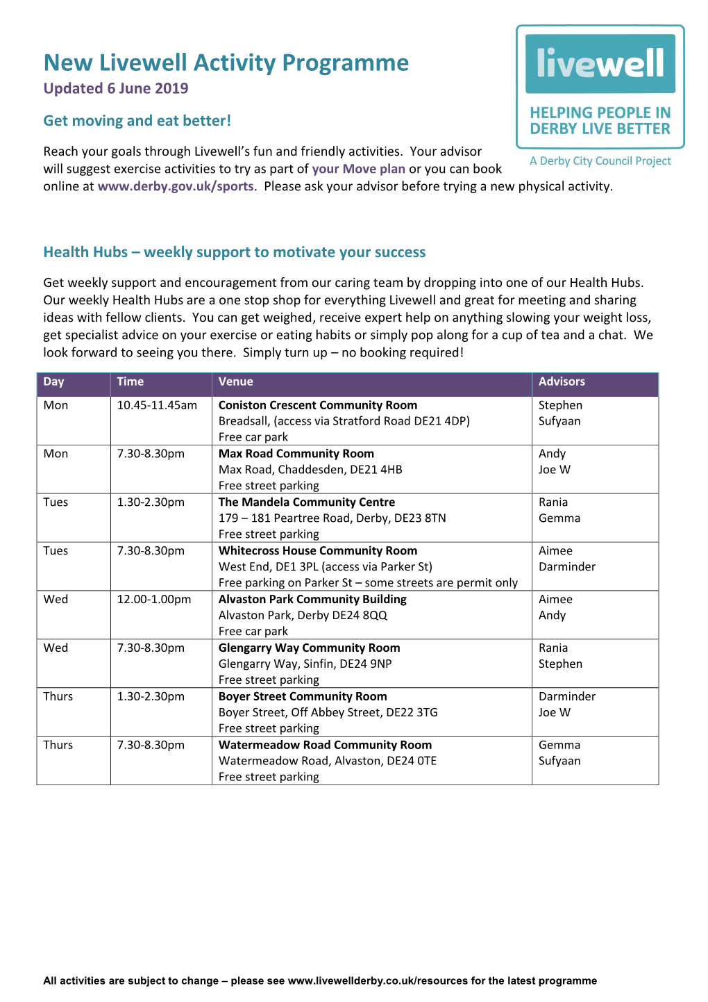 New Livewell Activity Programme Updated 6 June 2019 Get Moving and Eat Better!