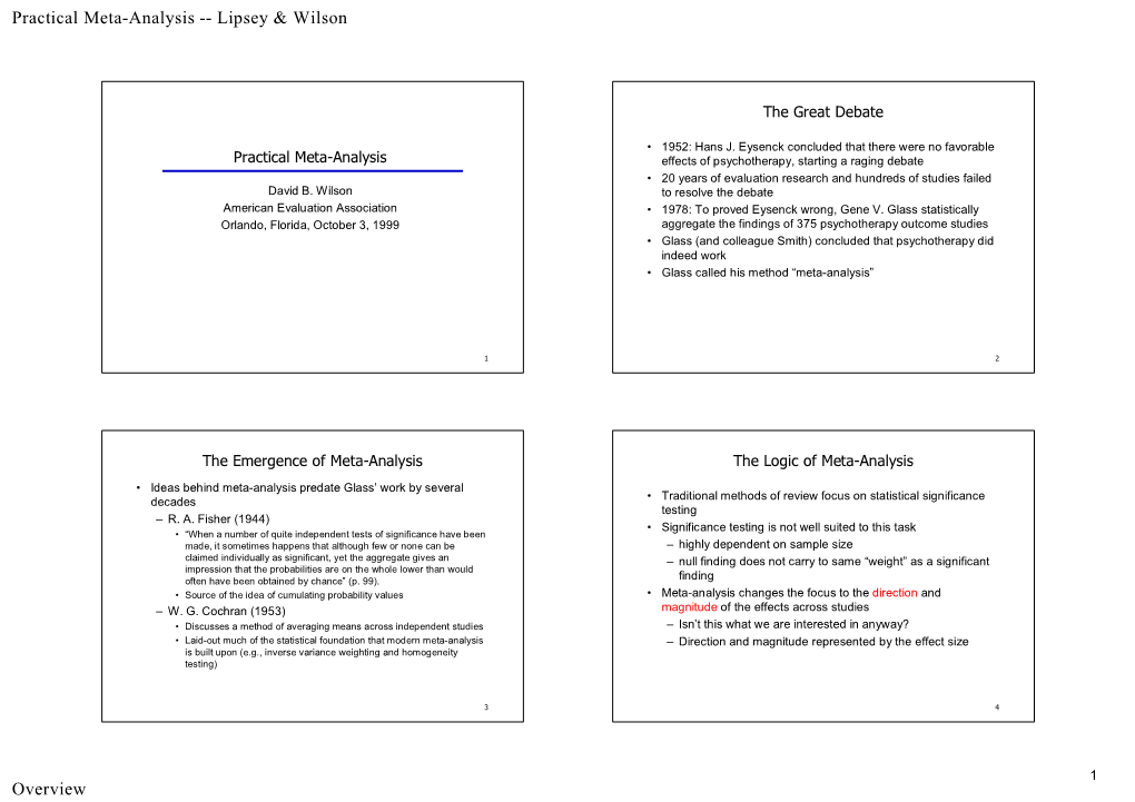 Practical Meta-Analysis -- Lipsey & Wilson Overview