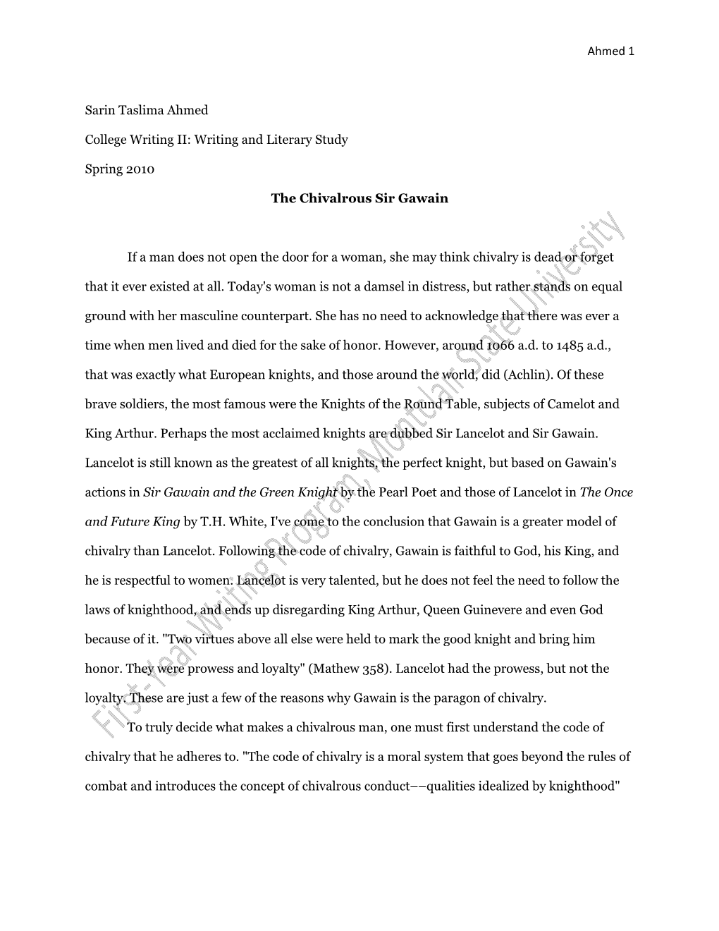 Writing and Literary Study Spring 2010 the Chivalrous Sir Gawain If