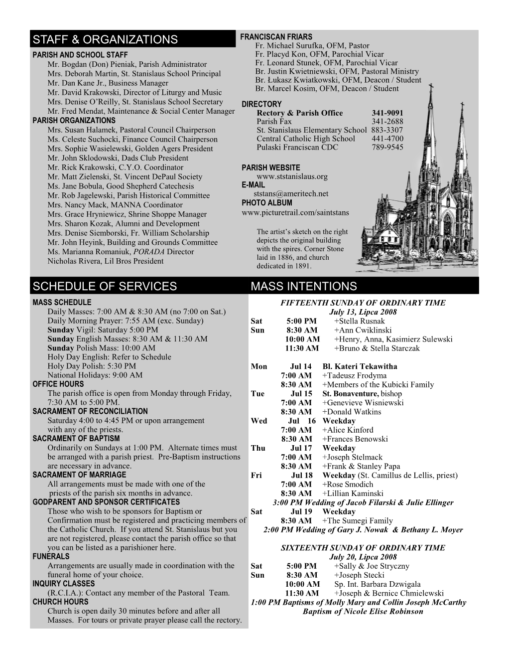 Schedule of Services Mass Intentions Staff