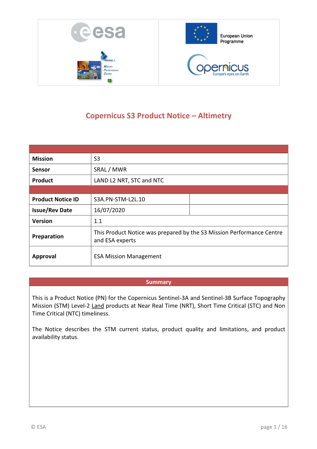 Sentinel-3 Product Notice