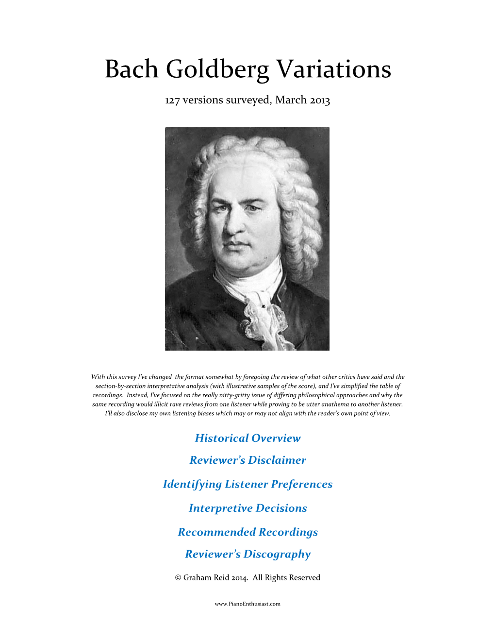 Bach Goldberg Variations 127 Versions Surveyed, March 2013