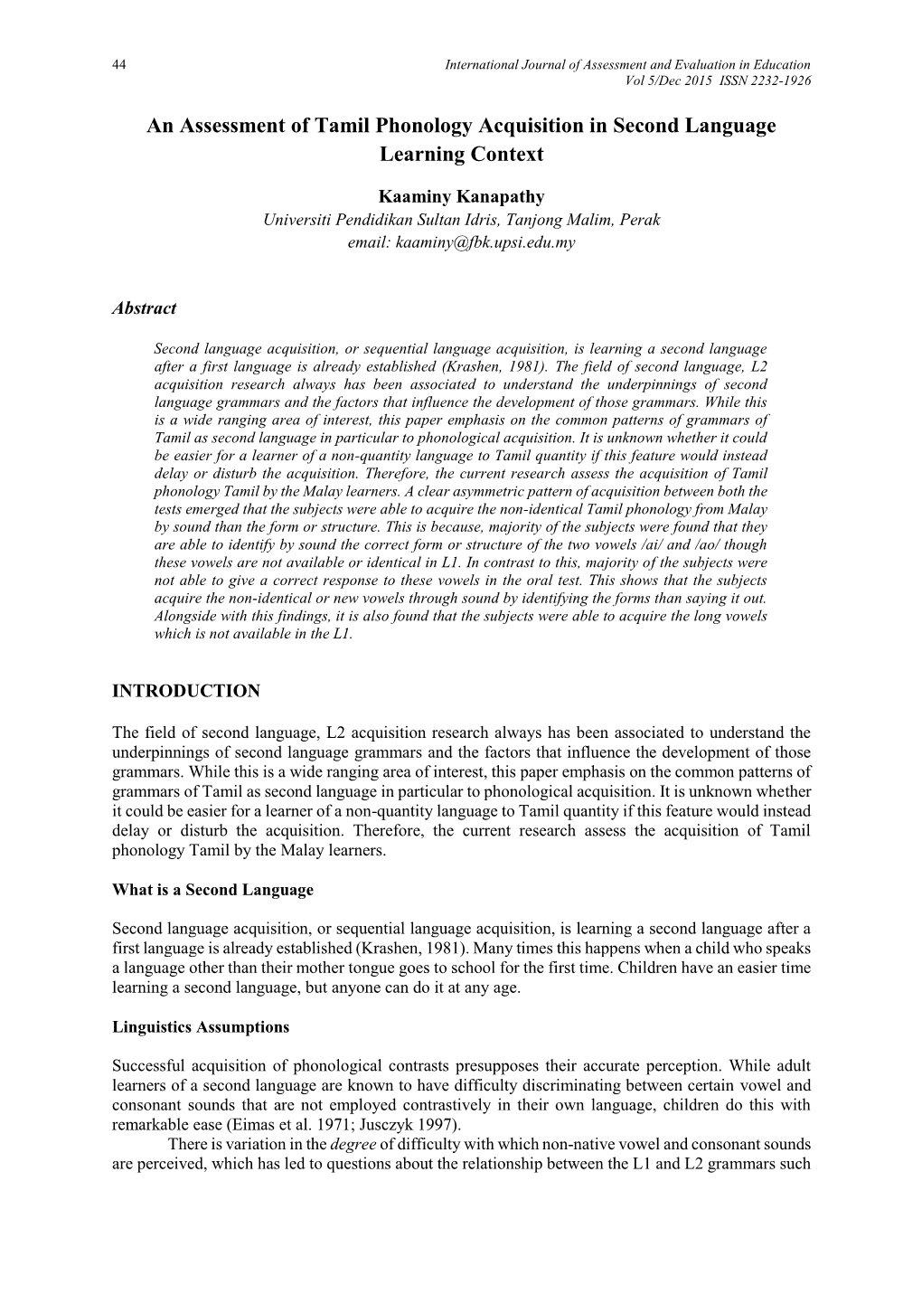 An Assessment of Tamil Phonology Acquisition in Second Language Learning Context