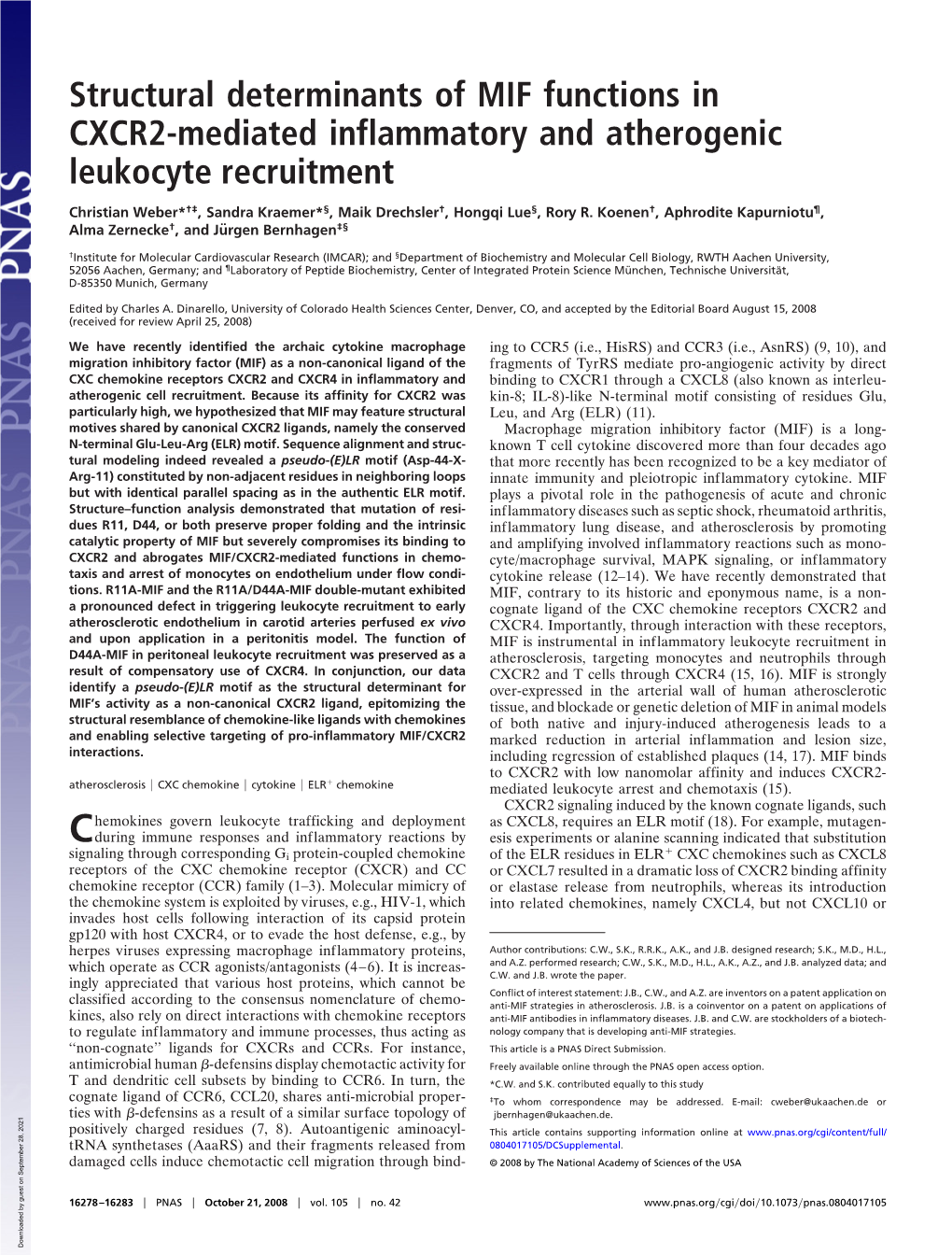 Structural Determinants of MIF Functions in CXCR2-Mediated Inflammatory and Atherogenic Leukocyte Recruitment