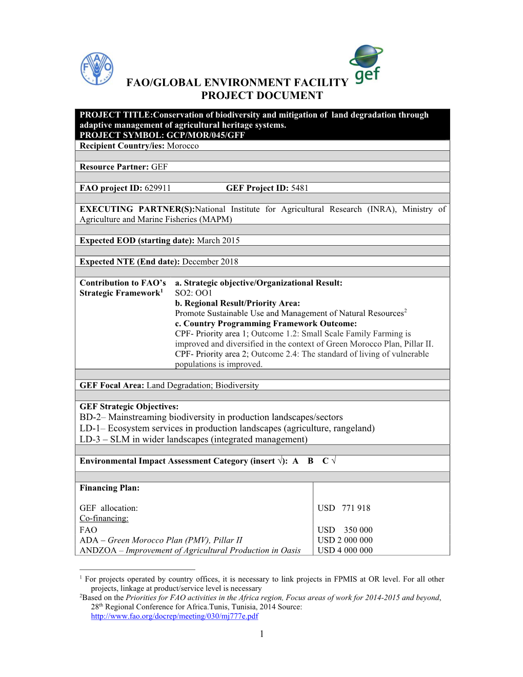 Fao/Global Environment Facility Project Document