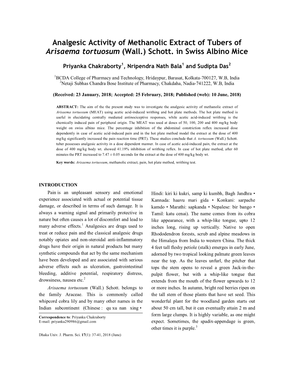 Analgesic Activity of Methanolic Extract of Tubers of Arisaema Tortuosum (Wall.) Schott