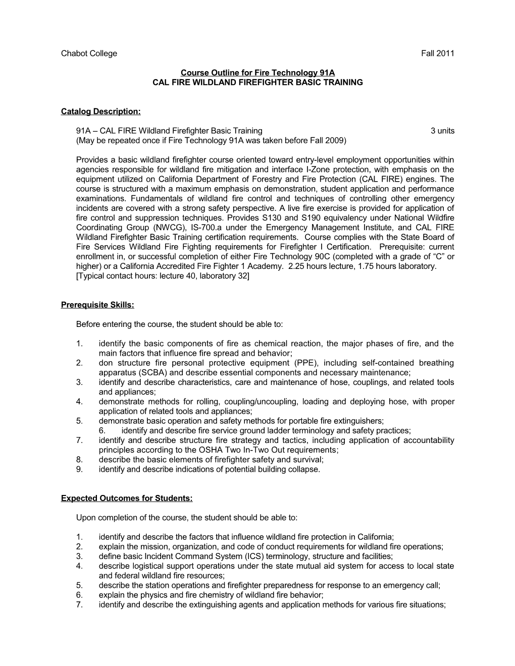 Course Outline for Fire Technology 91A, Page 5