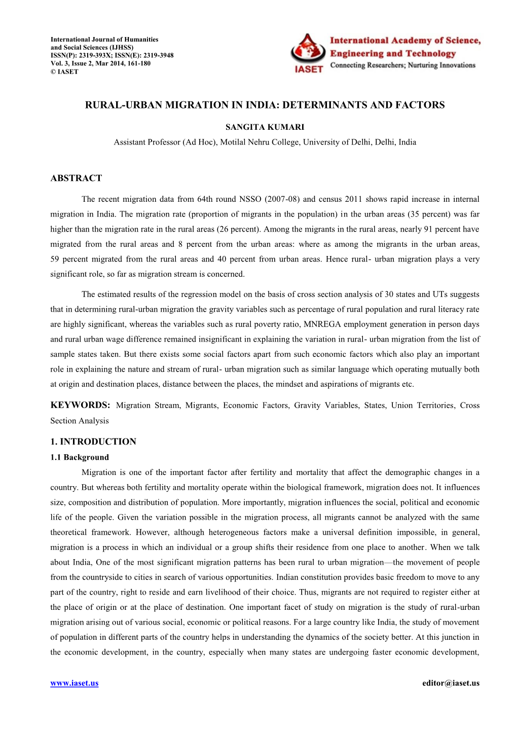 Rural-Urban Migration in India: Determinants and Factors