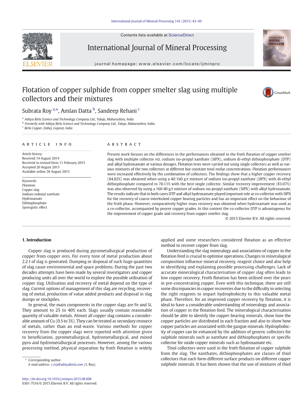 Flotation of Copper Sulphide from Copper Smelter Slag Using Multiple Collectors and Their Mixtures