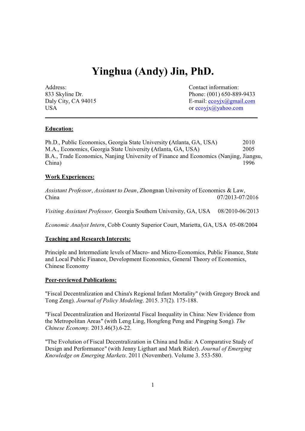 Yinghua (Andy) Jin, Phd