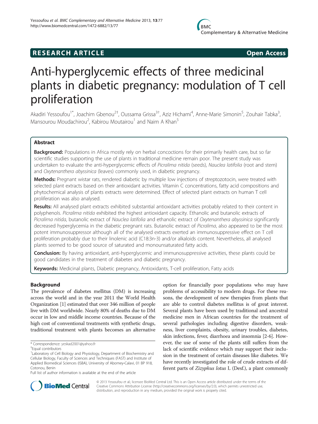 Anti-Hyperglycemic Effects of Three Medicinal Plants in Diabetic