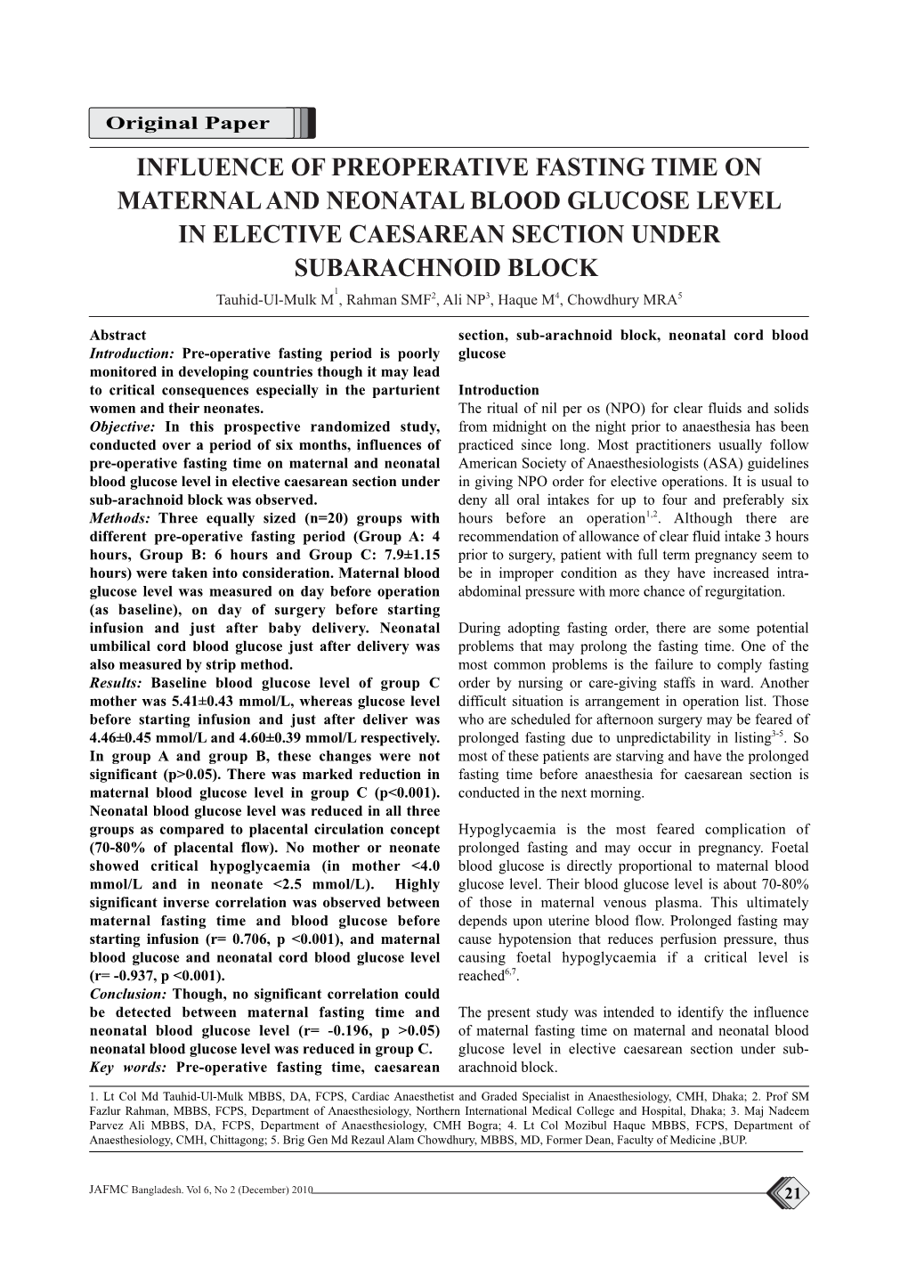 Influence of Preoperative Fasting Time on Maternal and Neonatal Blood Glucose Level in Elective Caesarean Section Under Subarach