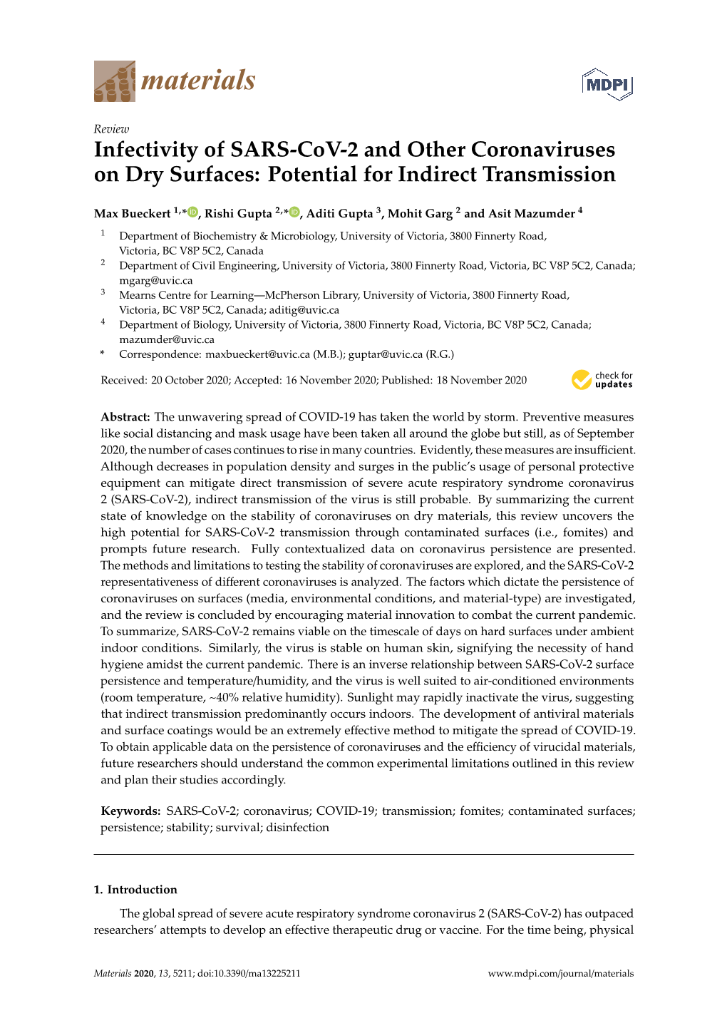 Infectivity of SARS-Cov-2 and Other Coronaviruses on Dry Surfaces: Potential for Indirect Transmission