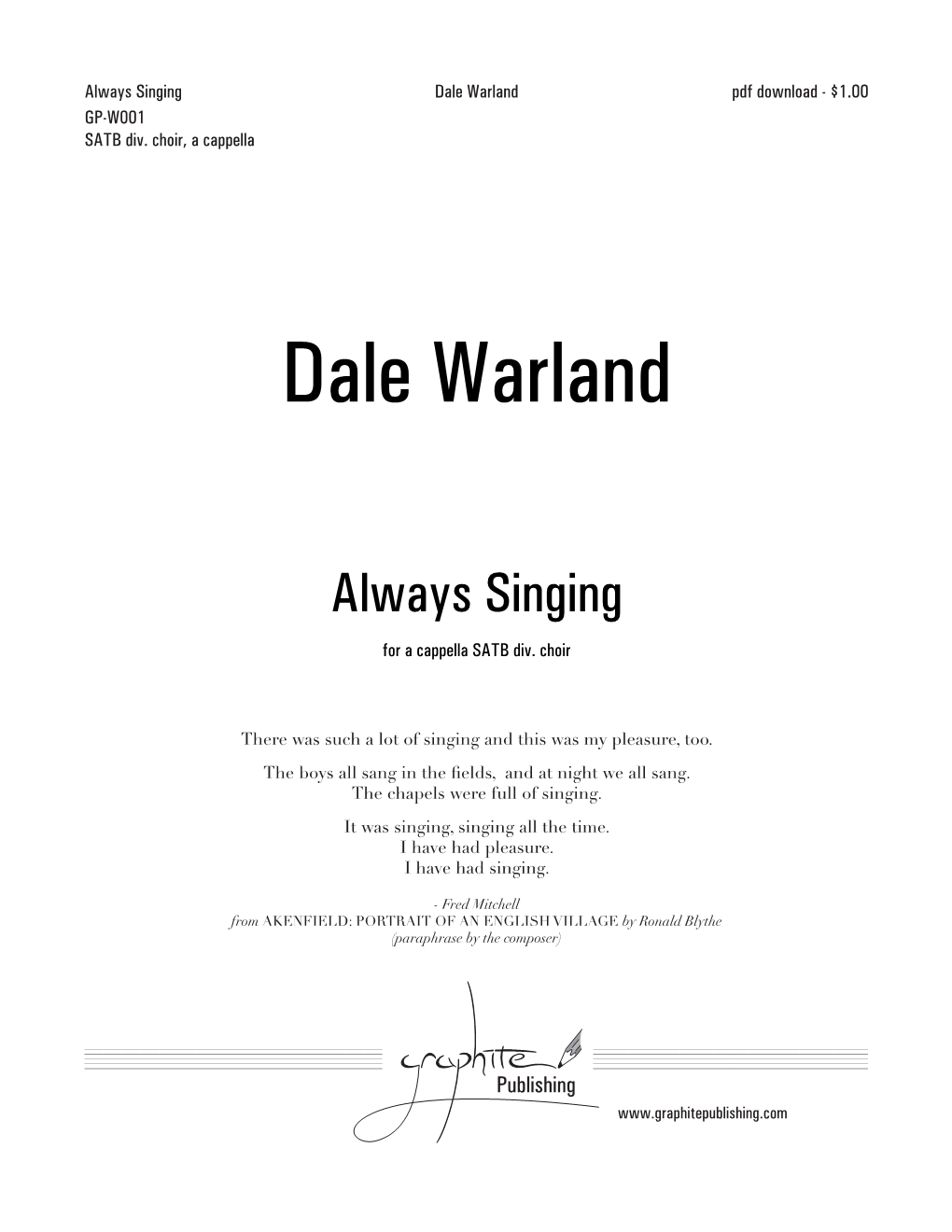 Dale Warland Pdf Download - $1.00 GP-W001 SATB Div