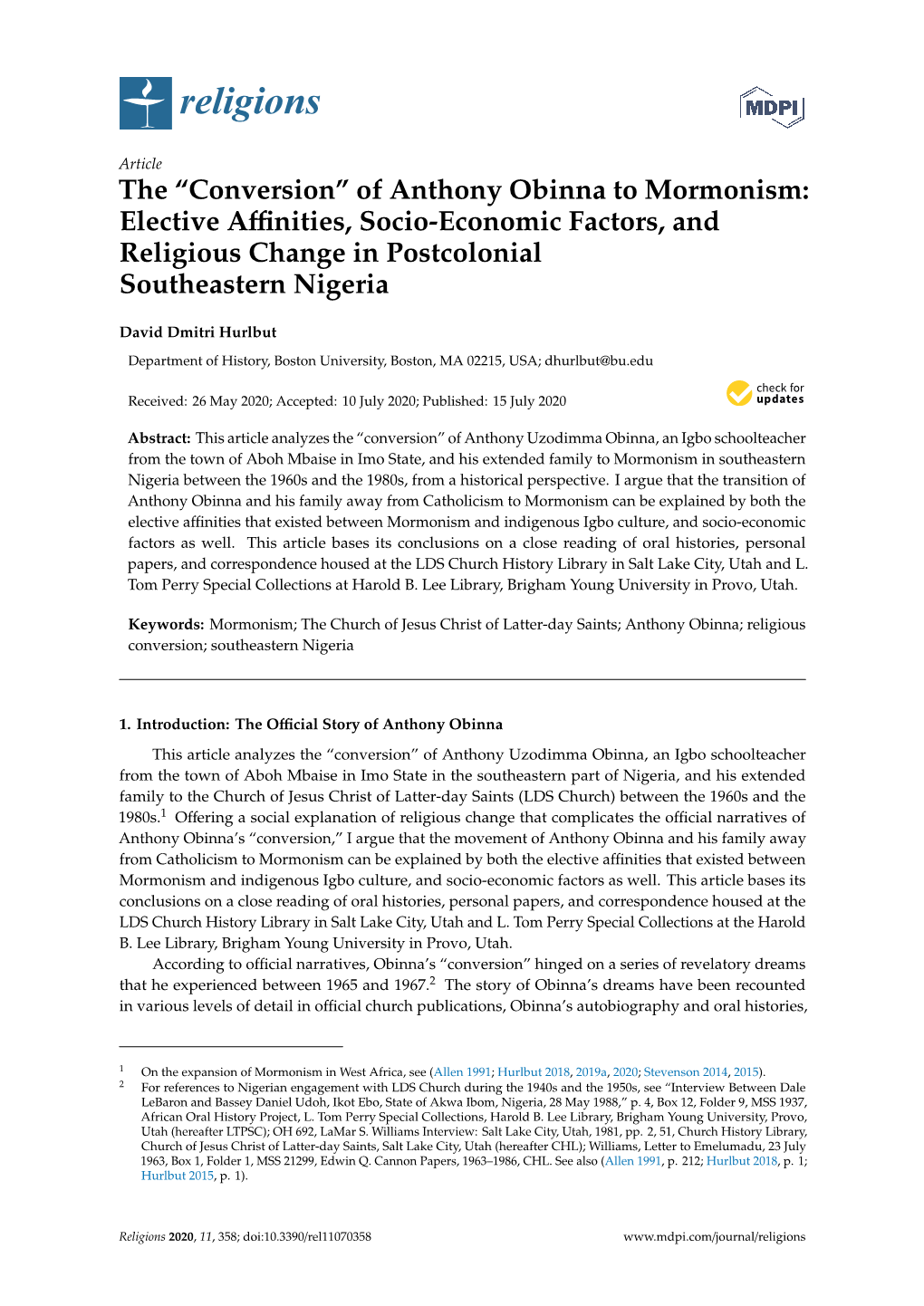 Of Anthony Obinna to Mormonism: Elective Aﬃnities, Socio-Economic Factors, and Religious Change in Postcolonial Southeastern Nigeria