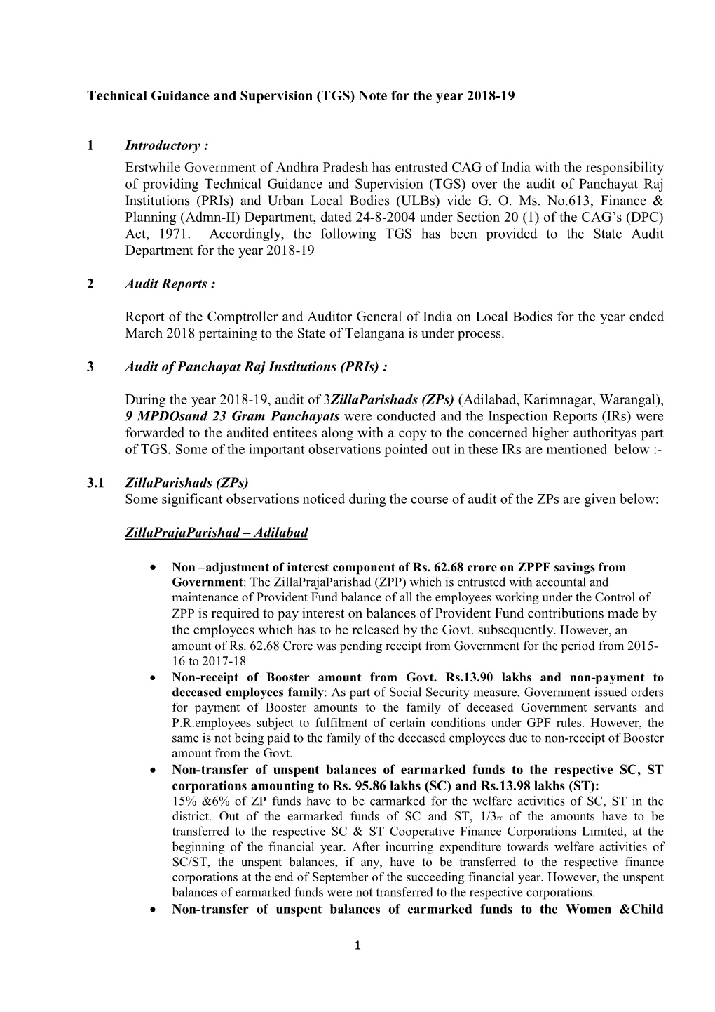 Technical Guidance and Supervision (TGS) Note for the Year 2018-19