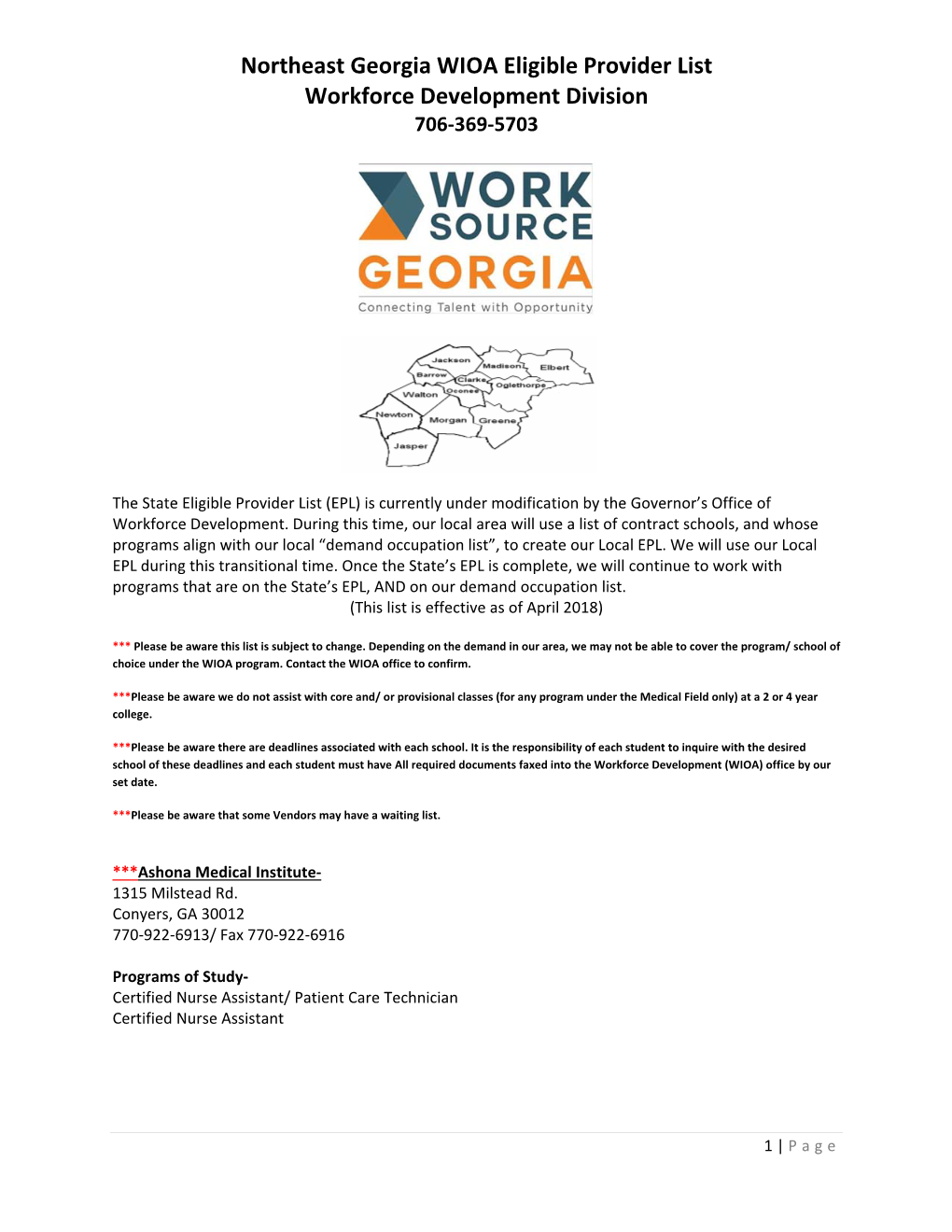 Georgia WIOA Eligible Provider List Workforce Development Division 706‐369‐5703