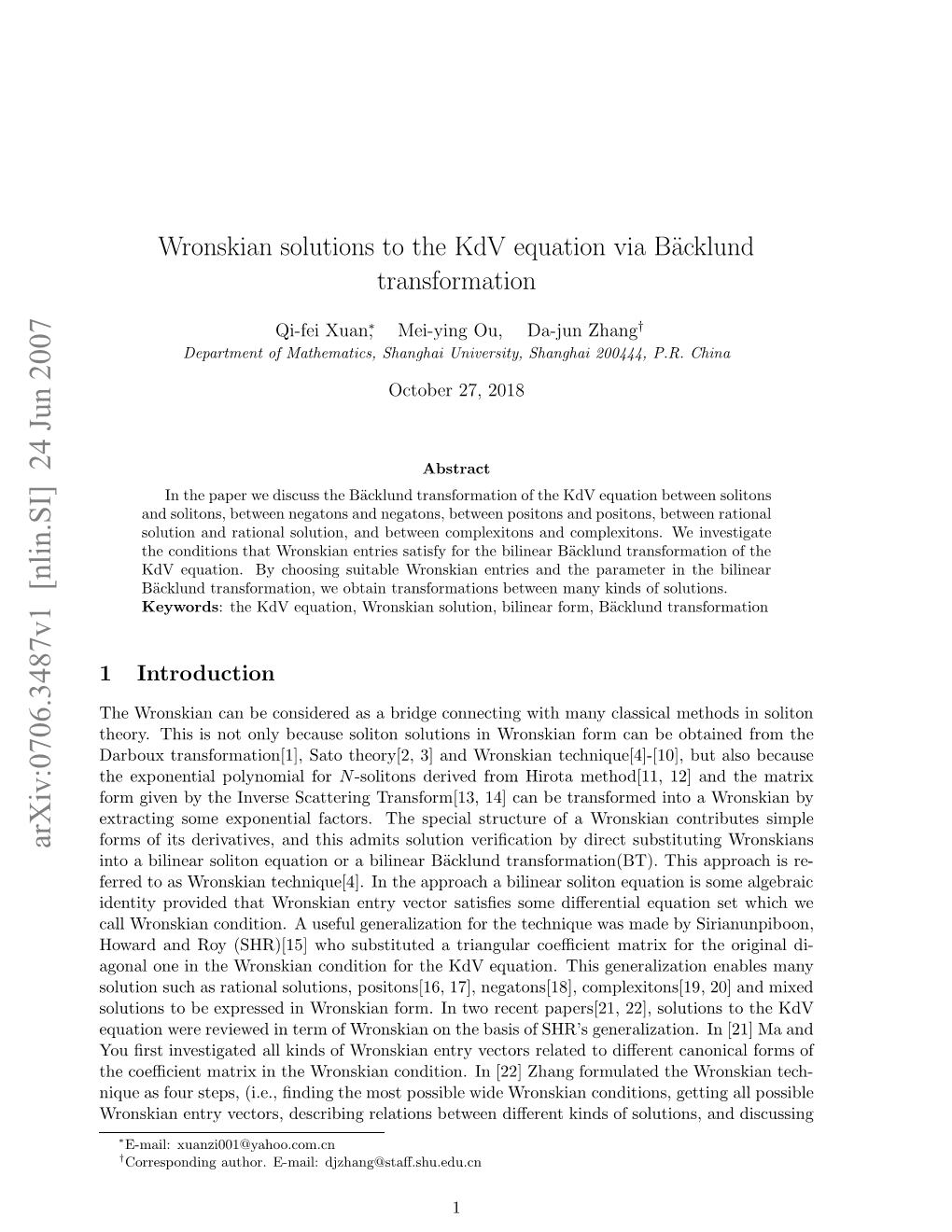 Wronskian Solutions to the Kdv Equation Via B\