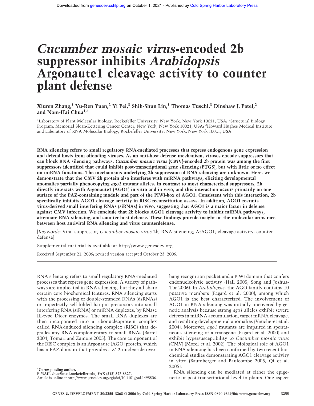 Cucumber Mosaic Virus-Encoded 2B Suppressor Inhibits Arabidopsis Argonaute1 Cleavage Activity to Counter Plant Defense