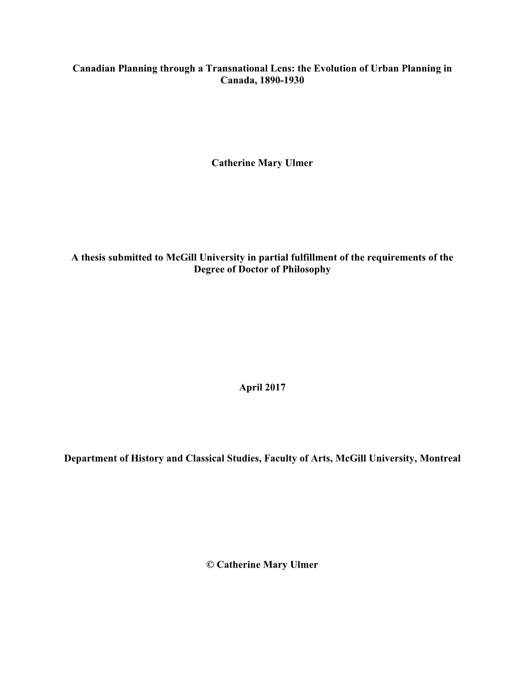 Canadian Planning Through a Transnational Lens: the Evolution of Urban Planning in Canada, 1890-1930