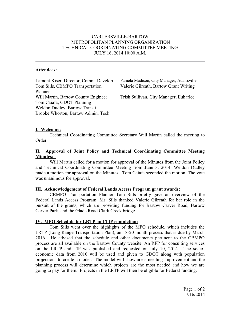 II. Approval of Joint Policy and Technical Coordinating Committee Meeting Minutes