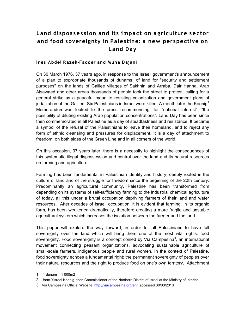 Land Dispossession and Its Impact on Agriculture Sector and Food Sovereignty in Palestine: a New Perspective on Land Day