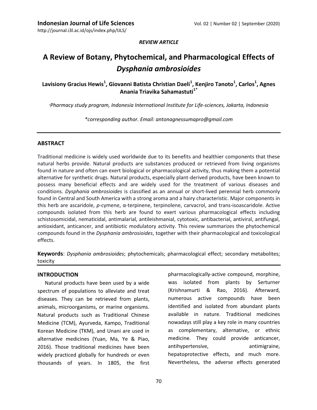 A Review of Botany, Phytochemical, and Pharmacological Effects of Dysphania Ambrosioides