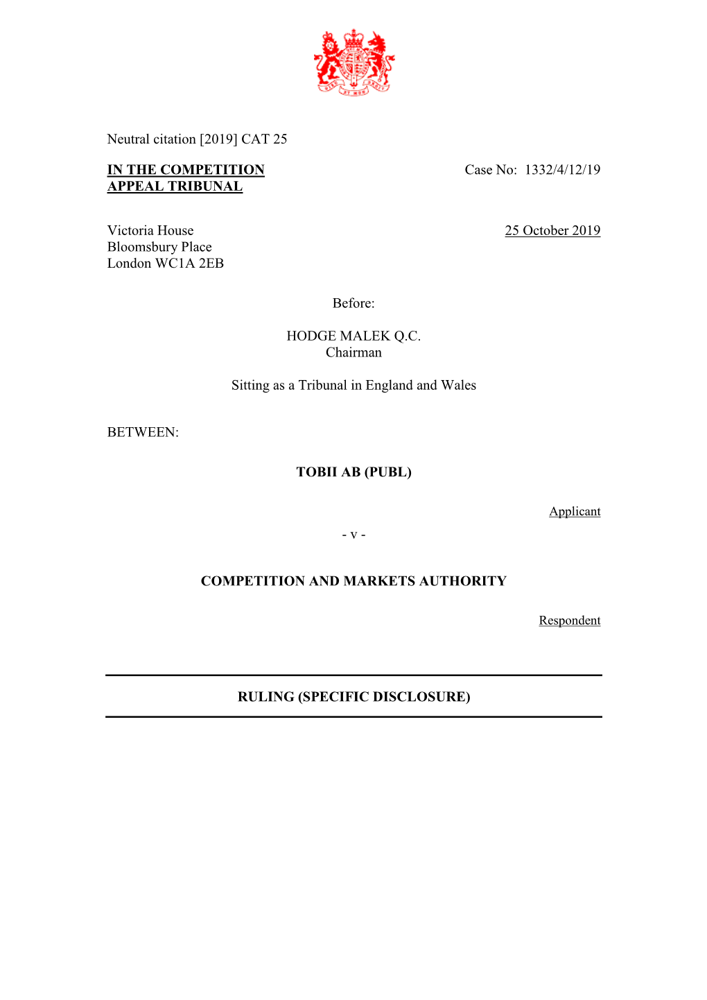 1332/4/12/19 Tobii AB (Publ) V Competition and Markets Authority