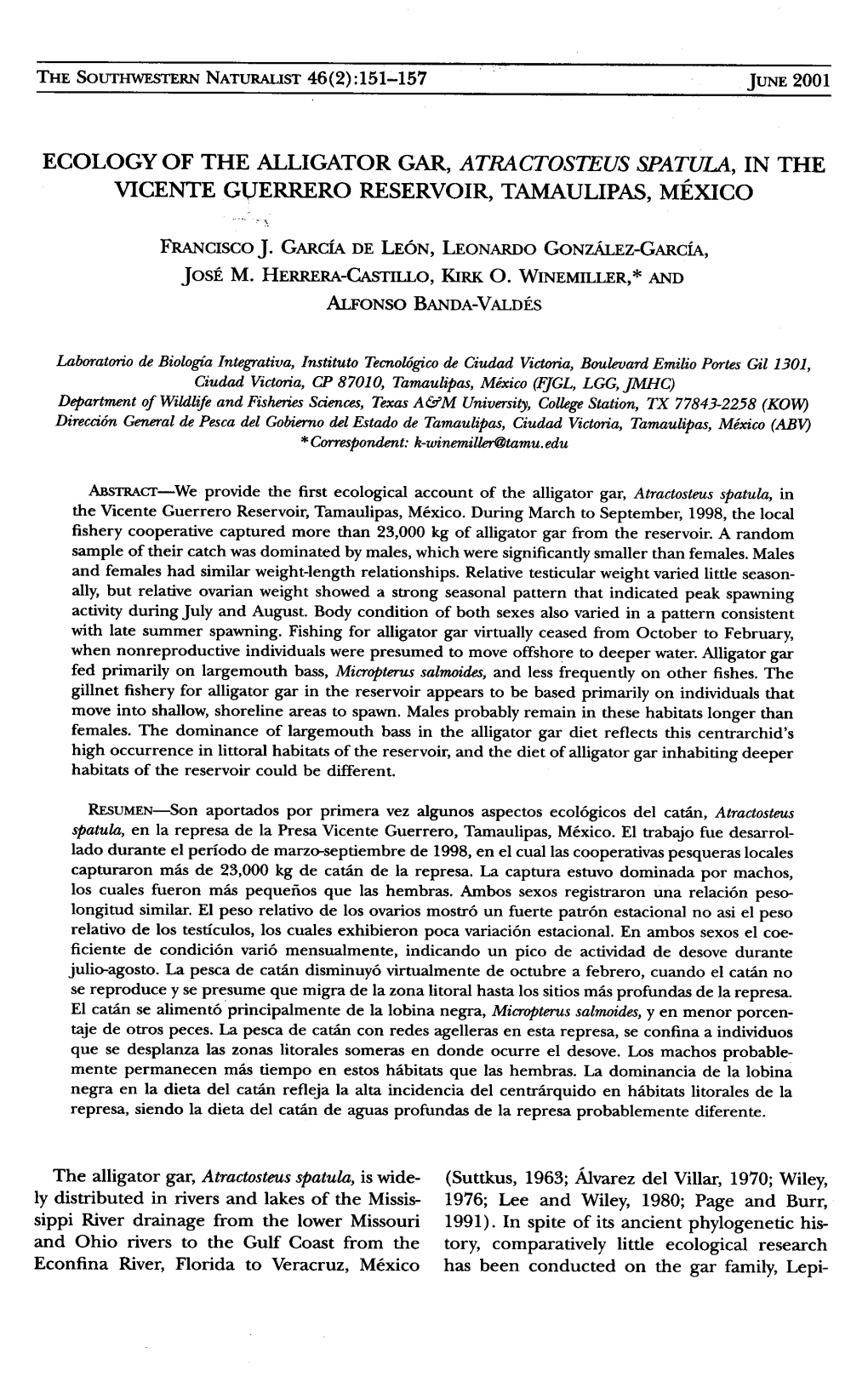 Ecology of the Alligator Gar, Atractosteusspatula, in the Vicente G1;Jerreroreservoir, Tamaulipas, Mexico