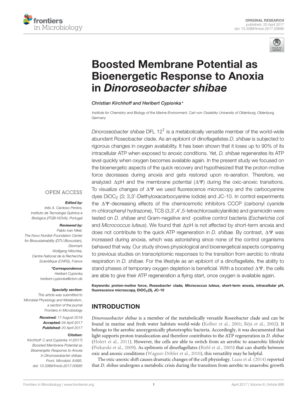 Boosted Membrane Potential As Bioenergetic Response to Anoxia in Dinoroseobacter Shibae