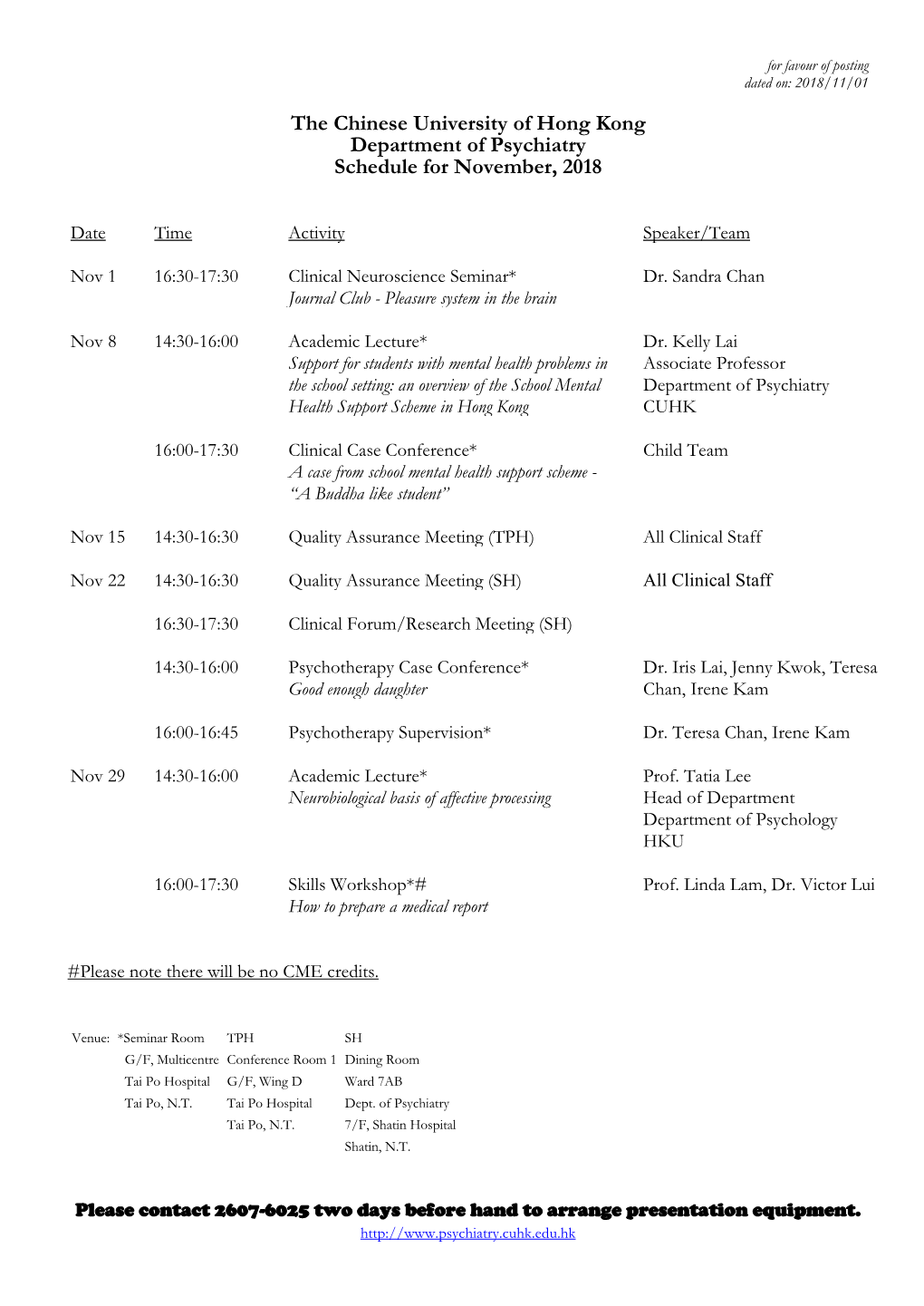 The Chinese University of Hong Kong Department of Psychiatry Schedule for November, 2018