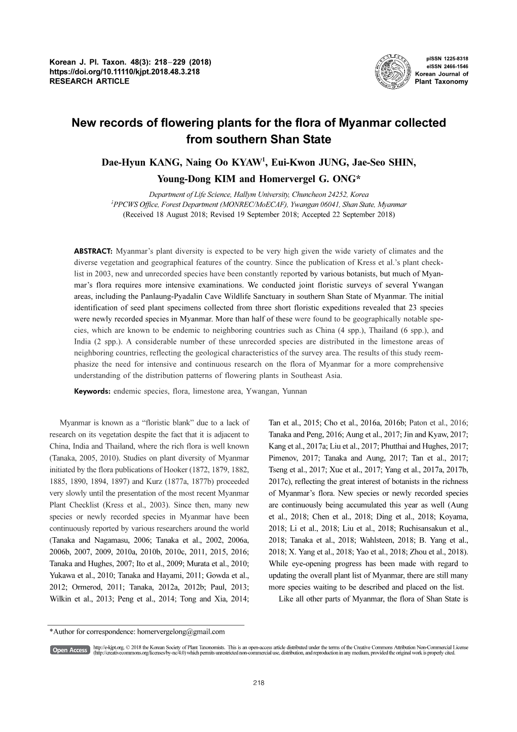 New Records of Flowering Plants for the Flora of Myanmar Collected from Southern Shan State