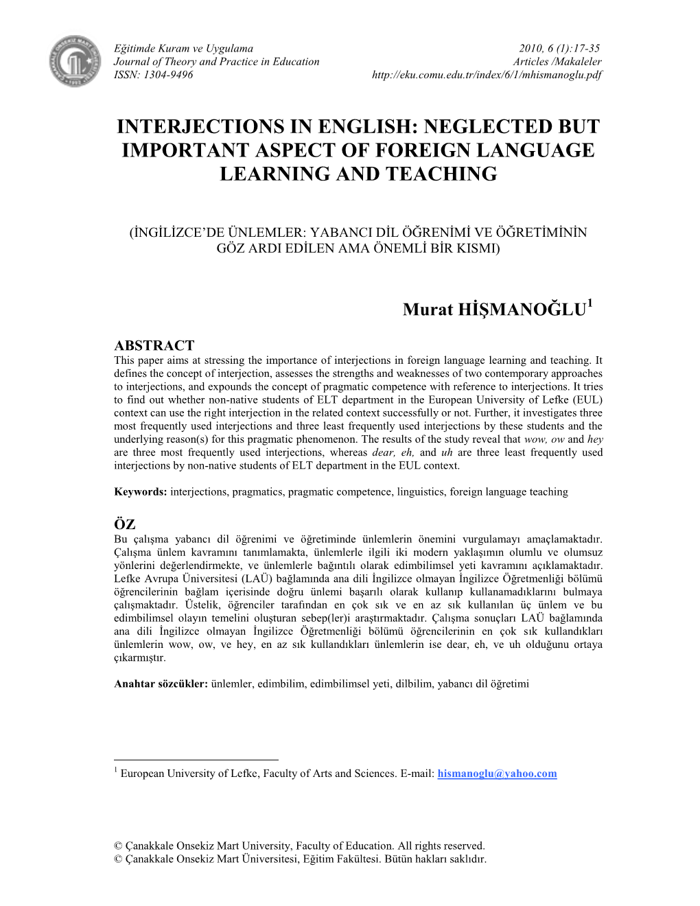 Interjections in English: Neglected but Important Aspect of Foreign Language Learning and Teaching