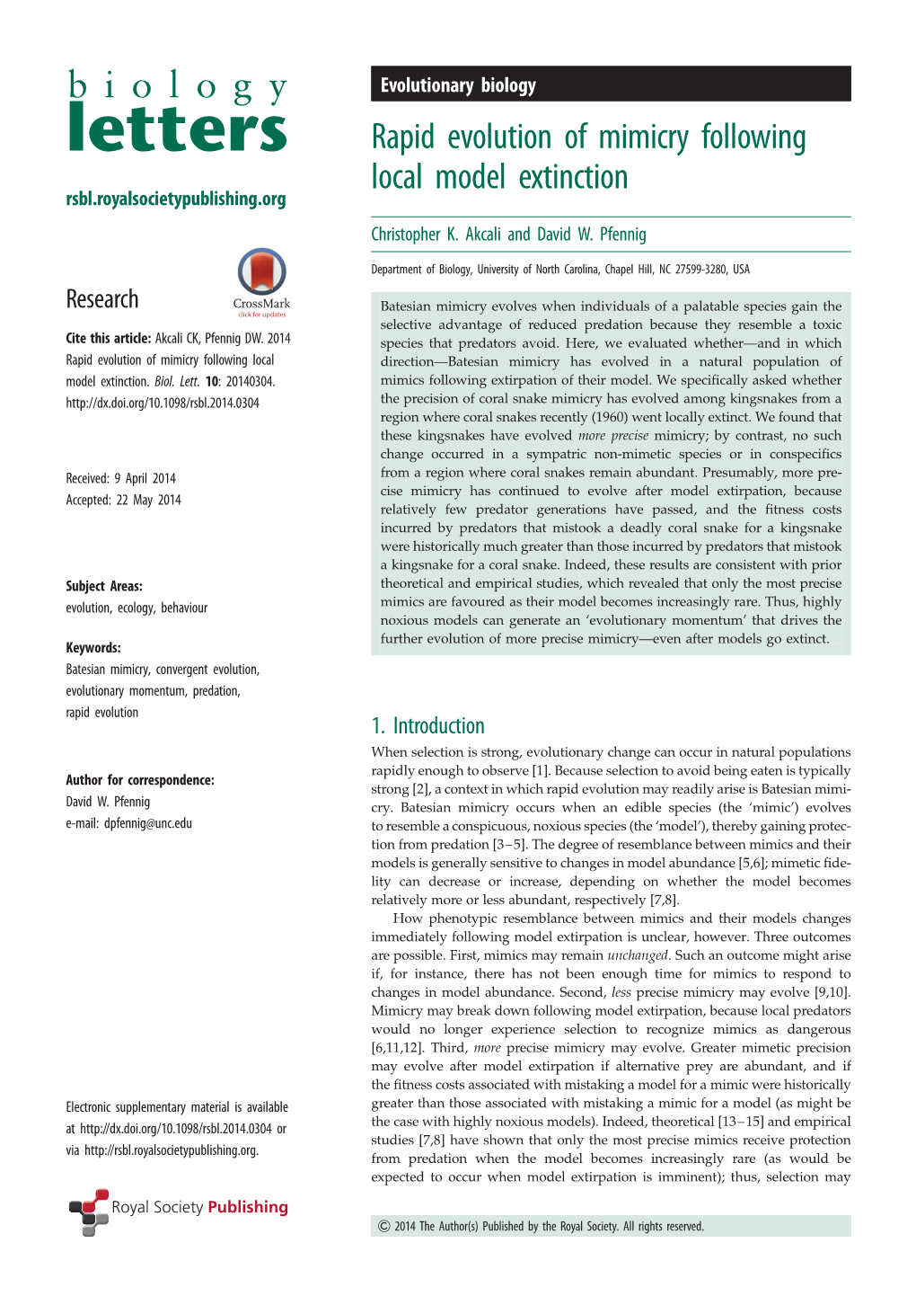 Rapid Evolution of Mimicry Following Local Model Extinction Rsbl.Royalsocietypublishing.Org Christopher K