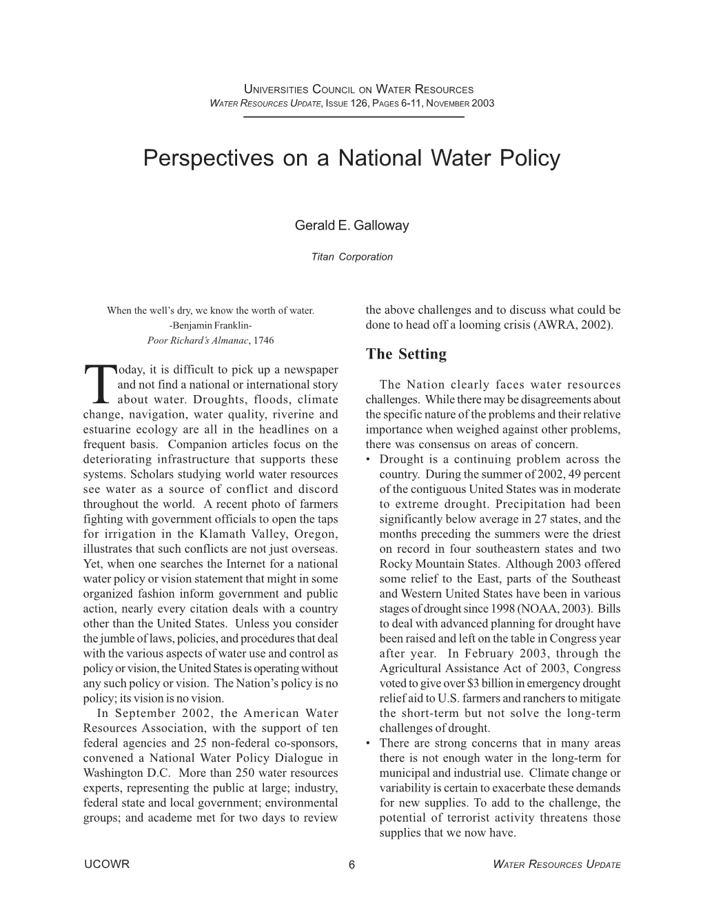 Perspectives on a National Water Policy