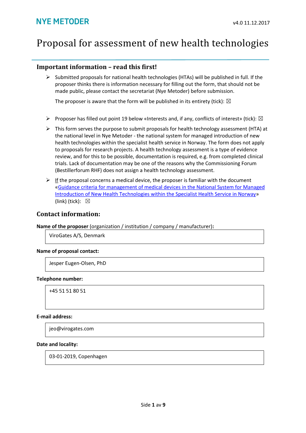 Proposal for Assessment of New Health Technologies