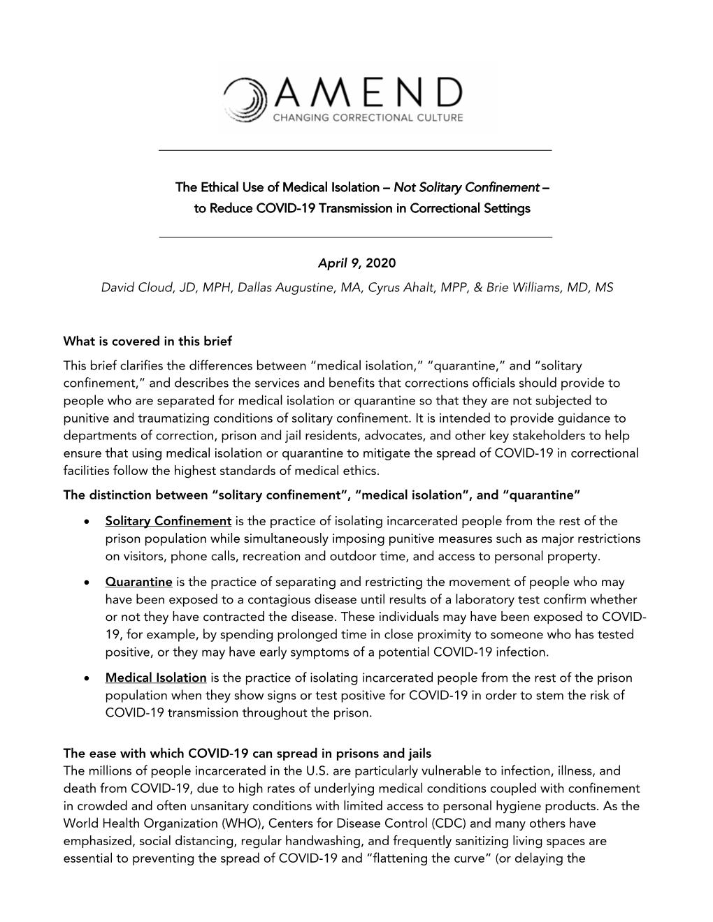 The Ethical Use of Medical Isolation – Not Solitary Confinement – to Reduce COVID-19 Transmission in Correctional Settings