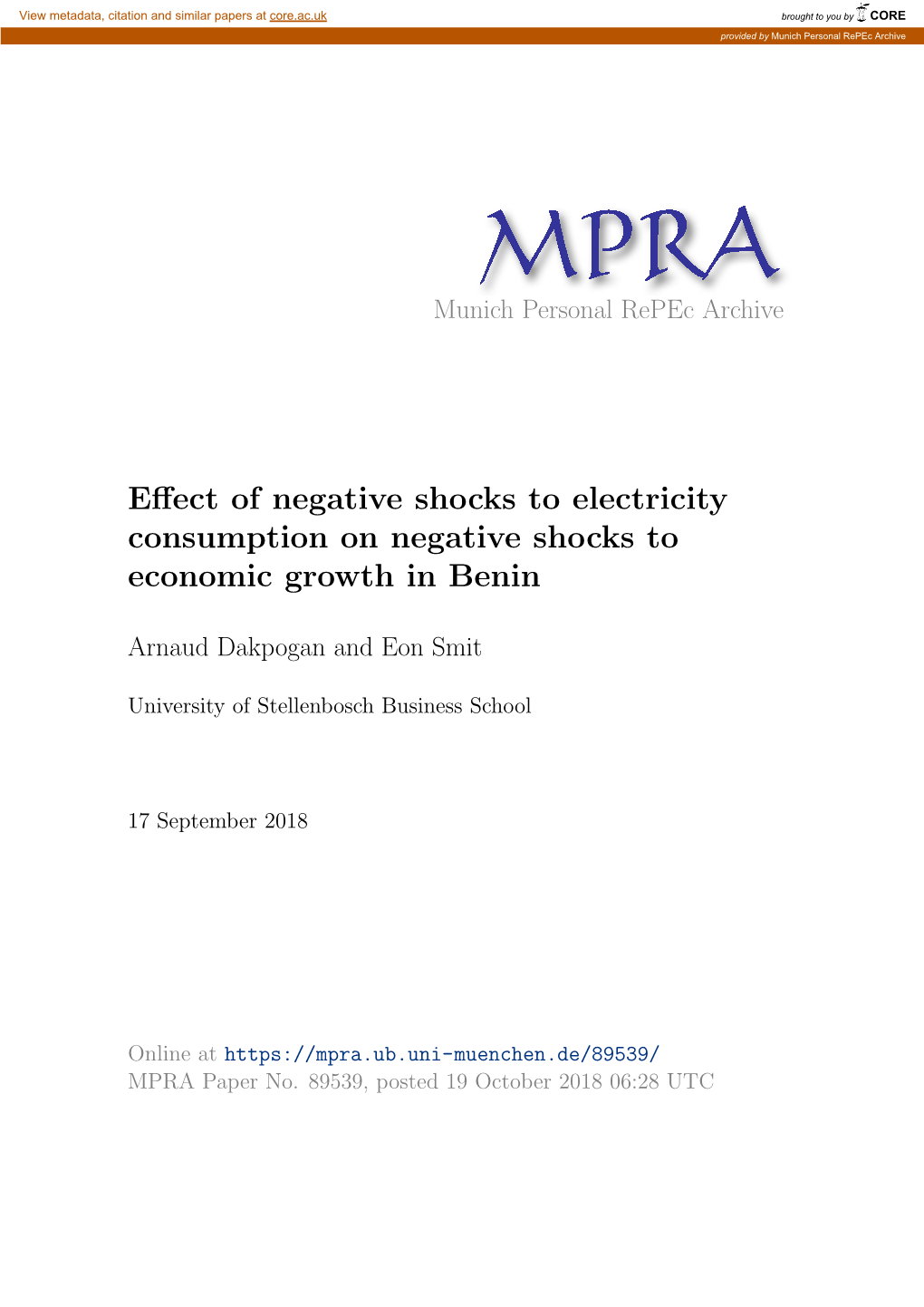 Effect of Negative Shocks to Electricity Consumption on Negative Shocks to Economic Growth in Benin