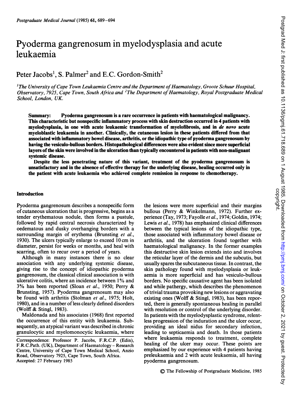 Pyoderma Gangrenosum in Myelodysplasia and Acute Leukaemia