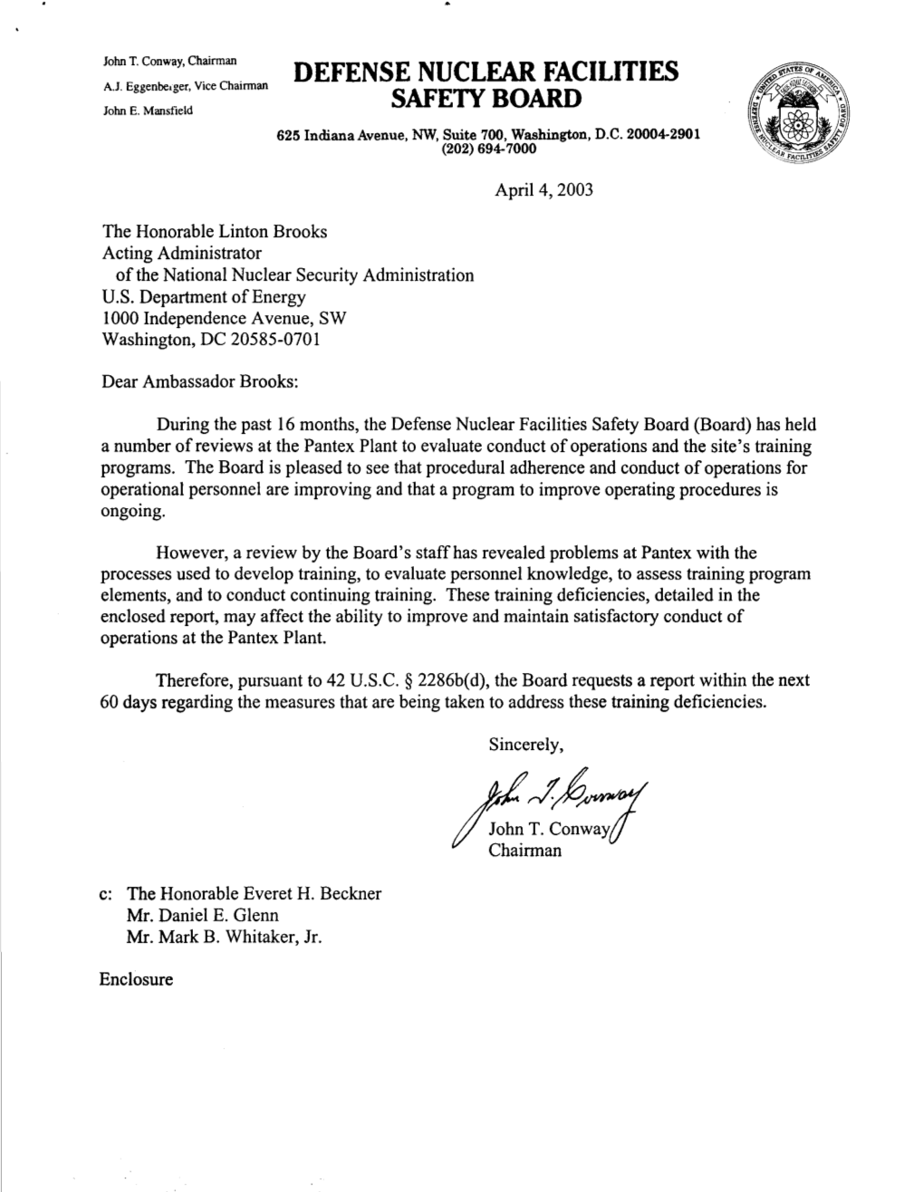 April 4, 2003, Board Letter Establishing a 60-Day Reporting