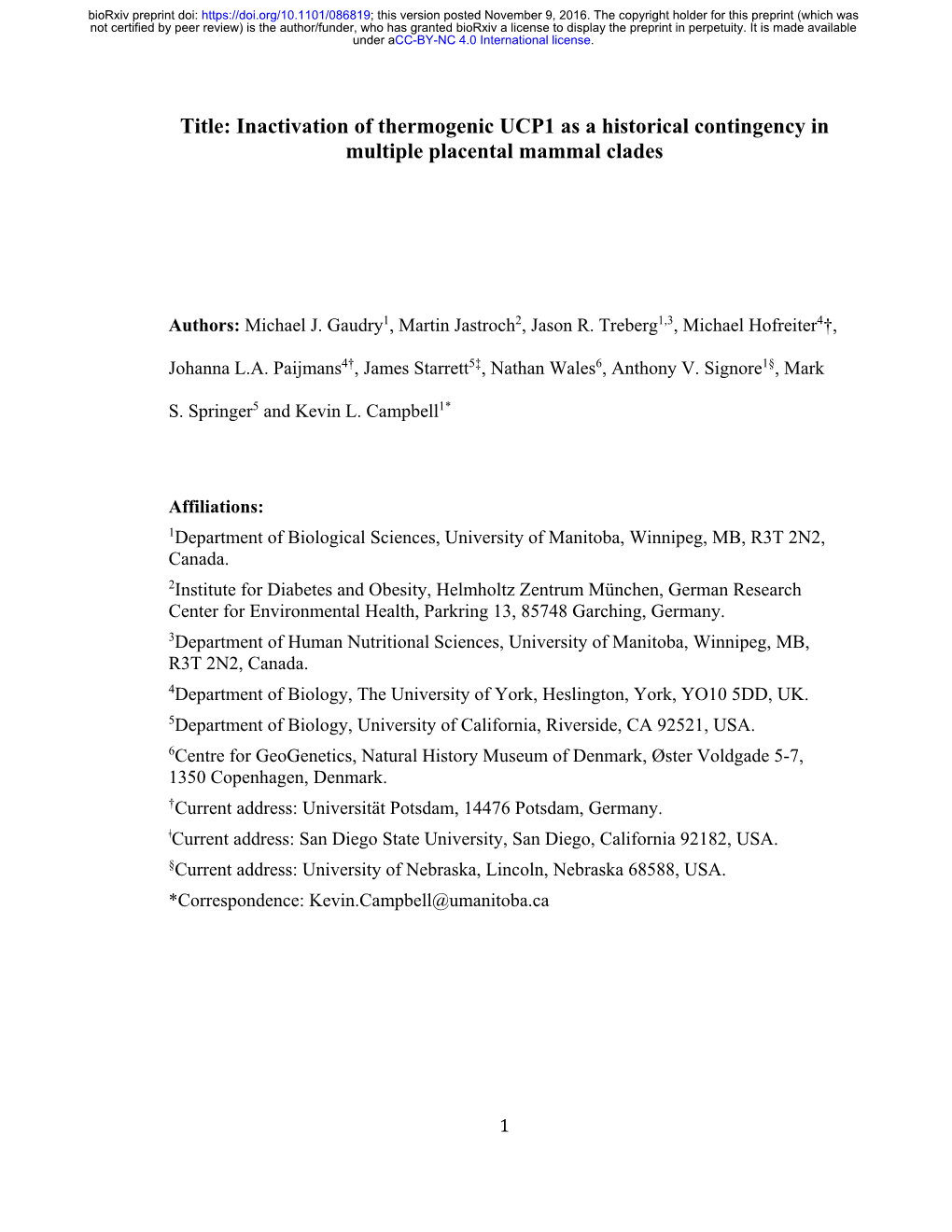 Inactivation of Thermogenic UCP1 As a Historical Contingency in Multiple Placental Mammal Clades